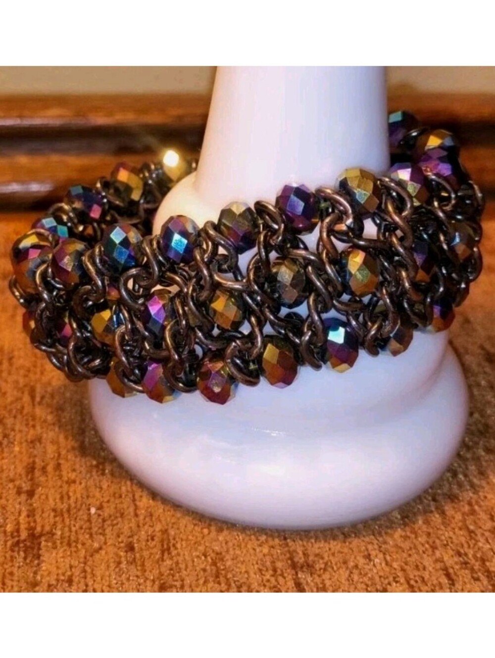 Vtg Premier Designs Stretch Bracelet "VIVACIOUS" Faceted Hematite Rainbow Beads